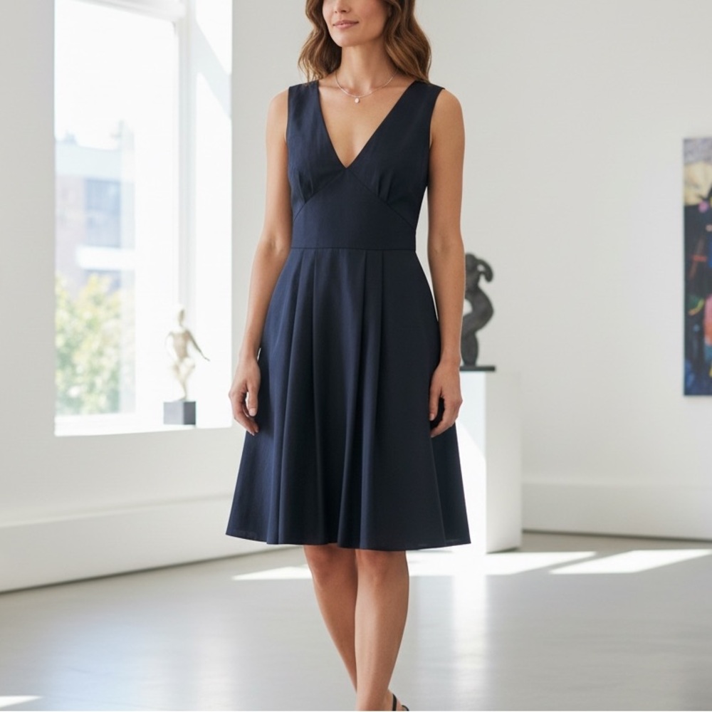 Prada Navy Blue V-Neck Pleated Fit and Flare Sleeveless Dress Made in Italy 44